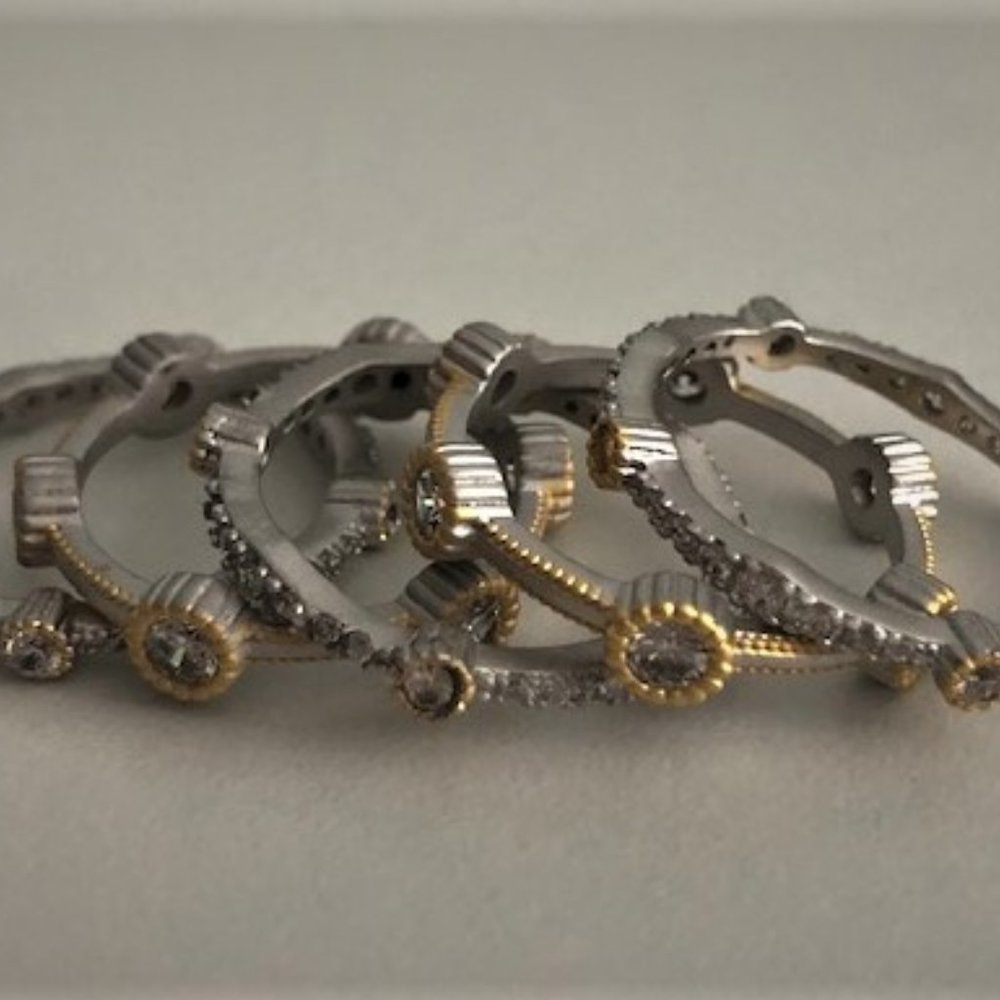 Artisan Modernist BE-JE SZ 7 Rings stacking set/5 Silver, Gold & Large Round CZs